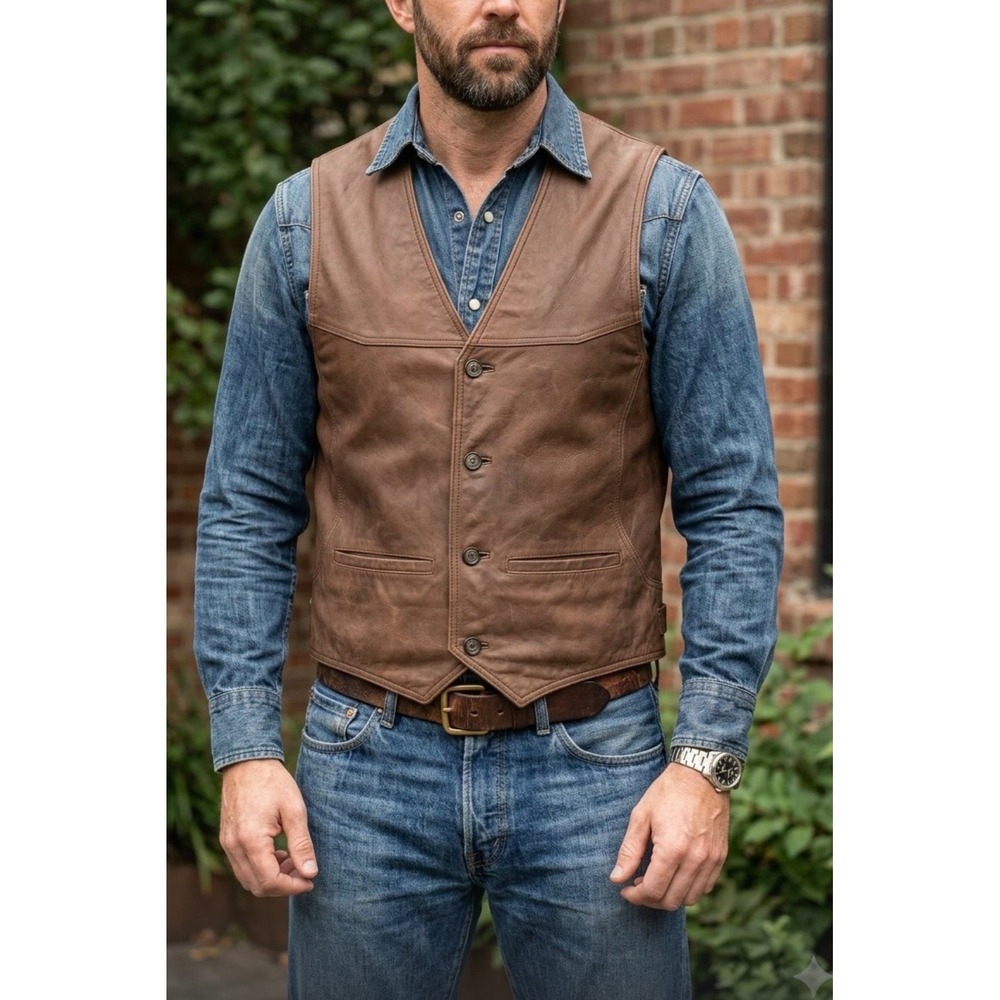 Vintage Marlboro Brown Leather Button-Front Vest XL